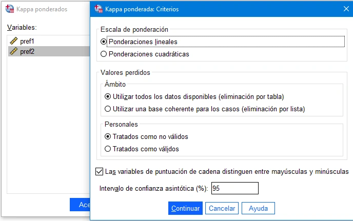 Cuadro de diálogo del procedimiento Kappa ponderado de Cohen. IBM SPSS Statistics 27