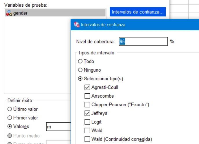 Selección de intervalos de confianza para estimar la proporción de una muestra en el cuadro de diálogo IBM SPSS Statistics 27.0.1