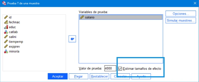 Salida de una estimación del tamaño del efecto cuando se prueba la hipótesis sobre el valor medio. IBM SPSS Statistics 27