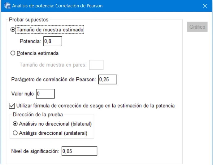 Diálogo de procedimiento de análisis de potencia para evaluar la correlación de Pearson. Potencia requerida: 0.8, factor de muestreo esperado 0.25, hipótesis del coeficiente 0, prueba bilateral, nivel de significancia 0.05. IBM SPSS Statistics 27