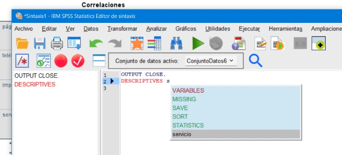 Autocompletar al ingresar nombres de variables en el editor de sintaxis de IBM SPSS Statistics 27.0.1