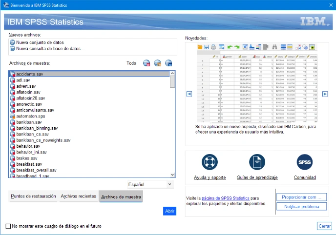 Diálogo de bienvenida de IBM SPSS Statistics 27